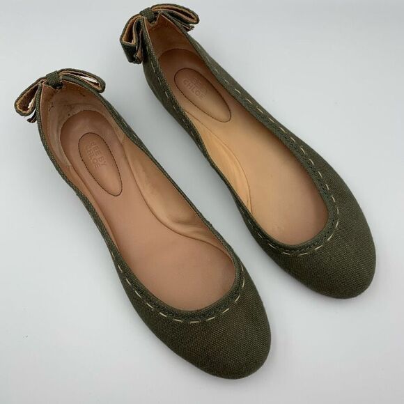 See by Chloé Canvas Bow Back Ballet Flat Olive Green Size 11 - Picture 1 of 12